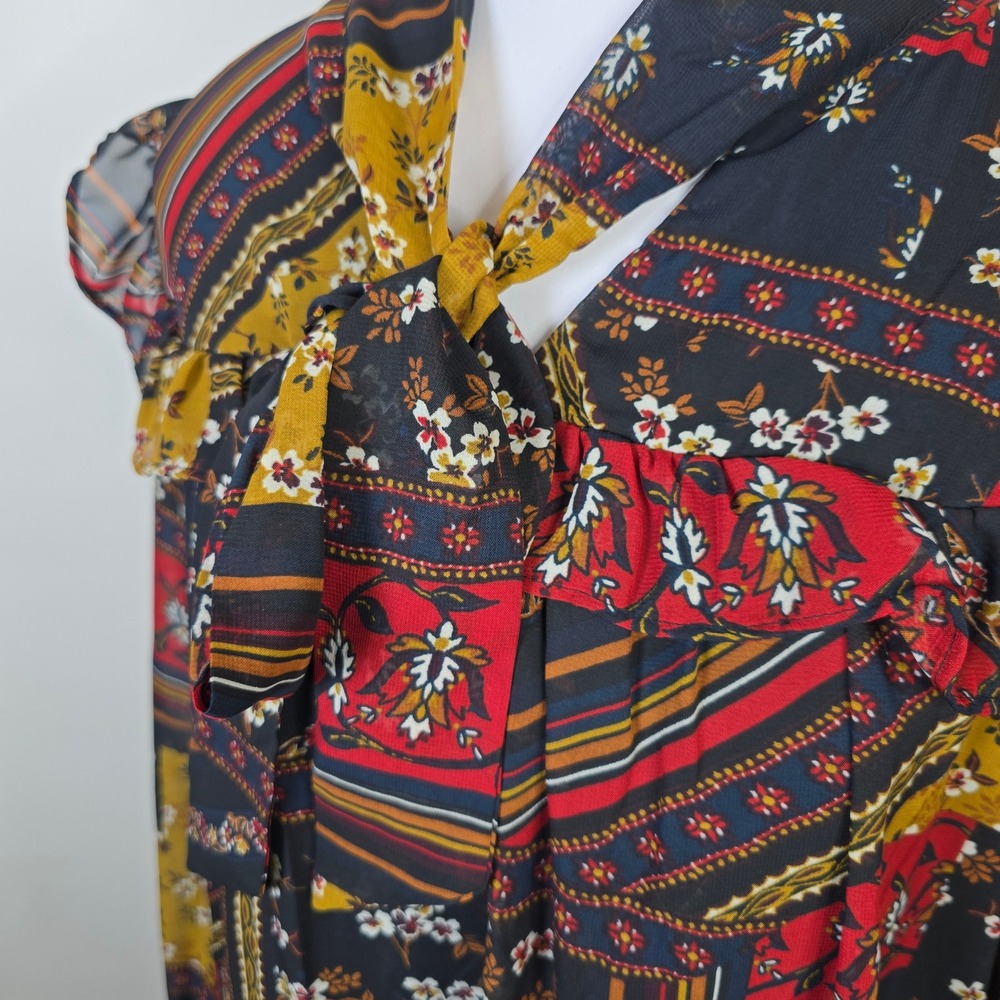 Julia Jordan Womens Size 8 Mixed Floral Patchwork Tie Neck Ruffle Mini Dress - Picture 3 of 7